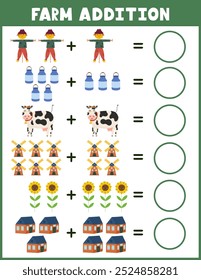 Farm addition worksheet for kids. Math activity page with cute farm characters. Calculate and write the result sheet for school and preschool. Vector illustration