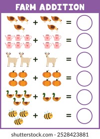 Farm-Zusatzarbeitsblatt für Kinder. Mathematische Aktivitätsseite mit niedlichen Farmfiguren. Berechnen und schreiben Sie die Ergebnisliste für Schule und Vorschule. Vektorgrafik