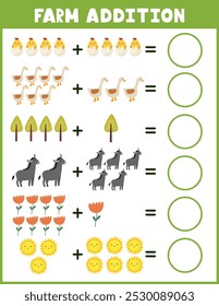 Farm-Zusatzarbeitsblatt für Kinder. Mathematische Aktivitätsseite mit niedlichen Farmfiguren. Berechnen und schreiben Sie die Ergebnisliste für Schule und Vorschule. Vektorgrafik