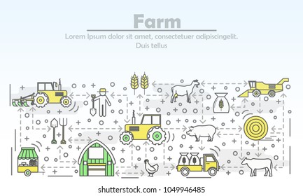 Farm advertising vector illustration. Modern thin line art flat style design element with farming symbols, icons for website banners and printed materials.
