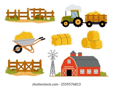 Farm. Agricultural machine. Farm building and equipment. Set of flat illustrations of hay, tractor with trailer, barn with windmill, wooden fence.