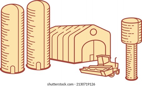 Farm, agricultural machinery, harvester, barn, barn, silos, grain towers. Vector illustration in flat and line style isolated on white background. For posters, cards and banners.
