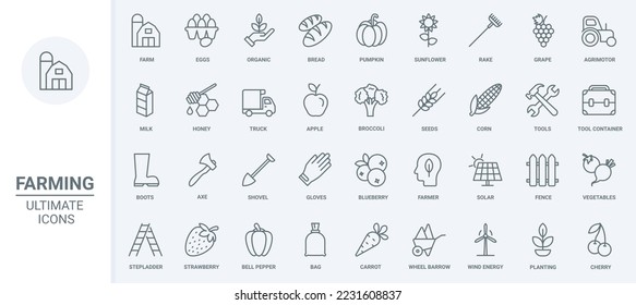 Farm agricultural machinery, tools for farmers and organic harvest of rural garden thin line icons set vector illustration. Outline honey and milk, sunflower and corn field cultivation, solar panel