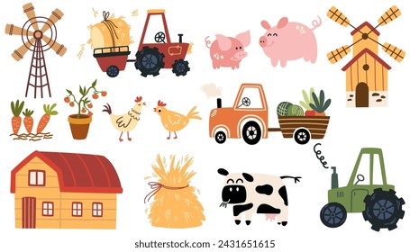 Farm or agricultural set. Harvesting, farm animals, transporting fruits, milking a cow, working on a tractor. Flat cartoon vector illustration.