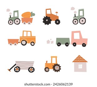 Farm agricultural tractor cars excavator machine vehicle hand drawn doodle education set farm. 