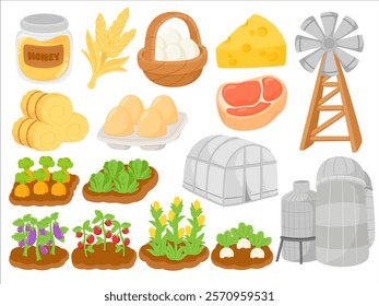 Farm and Agricultural Watercolor Clip Art Set - Honey Jar, Wheat, Basket of Eggs, Cheese, Ham, Windmill, Greenhouse, Grain Silos, and Vegetable Crops Including Tomatoes, Corn, Cabbage, and Eggplants