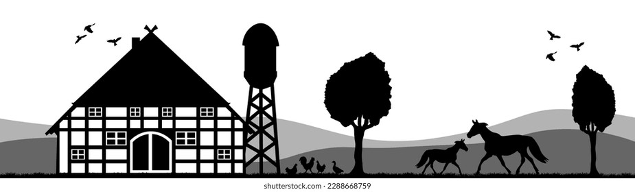 Farm agriculture background banner panorama vector illustration - Black silhouette of farmhouse, animals and trees on field, isolated on white background