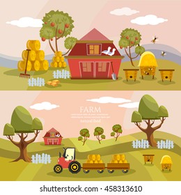 Farm agriculture banner farmer products rural landscape old barn and field cartoon vector illustration 