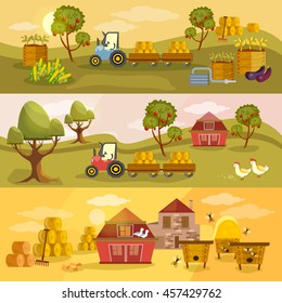 Farm agriculture banner, natural food farmer products, rural landscape with old barn and field, cartoon vector illustration 