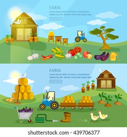 Farm agriculture banner organic product natural food farmers market farm products vector illustration 