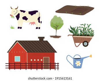 farm and agriculture barn cow tree wheelbarrow and watering can vector illustration