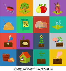 Farm and agriculture cartoon icons in set collection for design. Garden and plants isometric vector symbol stock web illustration.