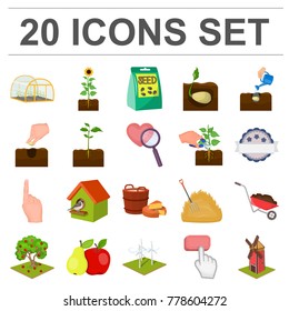 Farm and agriculture cartoon icons in set collection for design. Garden and plants isometric vector symbol stock web illustration.