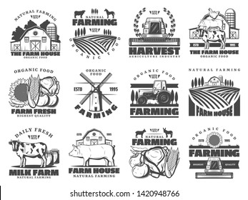 Farm agriculture and cattle industry, farming food production. Vector icons of cattle farm cow and pig animals, poultry chicken, organic vegetables and fruits harvest, farmhouse meat products