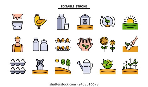 Farm, agriculture color icon set. Cultivating plants and livestock, farming, flat icons. Editable stroke, Simple set of farmer vector icons for web design isolated on white background