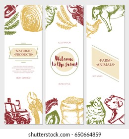 Farm and Agriculture- color vector hand drawn three pieces banner, leaflet template with copy space. Realistic tractor, wheat, grain crop bag, cow, chicken, sheep, pig, haystack, shovel, garden pruner