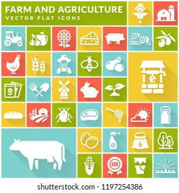 Farm, agriculture and countryside flat icon set. White symbols on colorful square buttons: cereal crop, fruits, vegetables, natural dairy products, meal, animals, plants, tools, equipment. Vector.