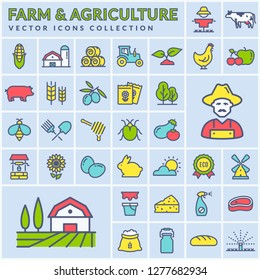 Farm, agriculture and countryside line icon set. Colored outline symbols on square buttons: cereal crop, fruits, vegetables, natural dairy products, meal, animals, plants, tools, equipment. Vector.