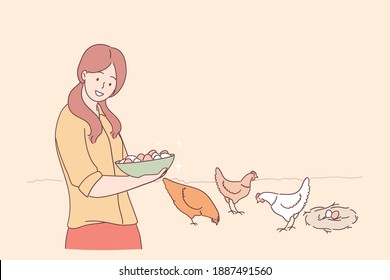 Farm, agriculture, farmer concept. Young smiling woman cartoon character standing and holding bowl of fresh eggs with eating chicken at background on farm vector illustration 