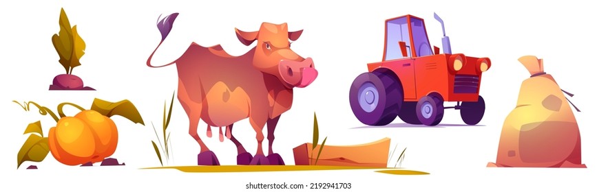 Farm, agriculture and farming items isolated set. Cow, tractor, sack with flour, ripe pumpkin and beetroot isolated elements on white background. Cattle or gardening Cartoon vector illustration