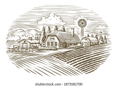 Farm. Agriculture, farming sketch vintage vector