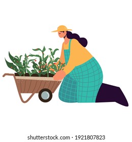 farm and agriculture female farmer with wheelbarrow and plants vector illustration