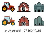 Farm and agriculture flat design vector featuring tractor, traditional red barn, and grain silos, ideal for farming apps, educational materials, infographics, and agricultural business branding.