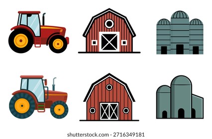 Farm und Landwirtschaft flachen Design-Vektor mit Traktor, traditionellen roten Scheune, und Getreidesilos, ideal für Landwirtschaft Anwendungen, Lehrmaterial, Infografiken und landwirtschaftliche Business-Branding.