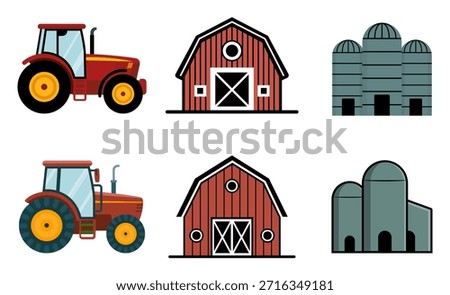 Farm and agriculture flat design vector featuring tractor, traditional red barn, and grain silos, ideal for farming apps, educational materials, infographics, and agricultural business branding.