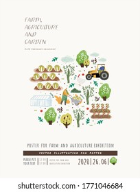 Farm, Agriculture and Garden. Vector cute freehand illustrations of farmer working on farm, gardener, trees, tractor, vegetables, grows organic natural food. Drawings for poster, banner of exhibition