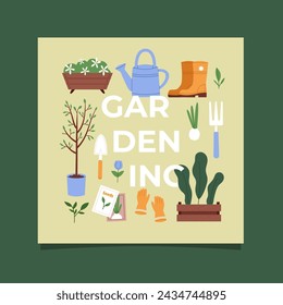 Farm, agriculture and garden. Vector text illustration of gardening tools. Drawing for poster, card or flyer. Horticulture concept.