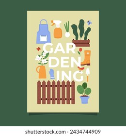 Farm, agriculture and garden. Vector text illustration of gardening tools. Drawing for poster, card or flyer. Horticulture concept.