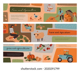 Farm and agriculture header, natural banner, vector illustration. Flat rural nature with field landscape set, farmer character collect harvest. Cartoon garden concept with printable element.