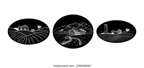 Farm And Agriculture Icon. Fields For Sowing, Barns, Tractor And Cattle Grazing. Farm On The Background Of The Mountains. On A Black Background.