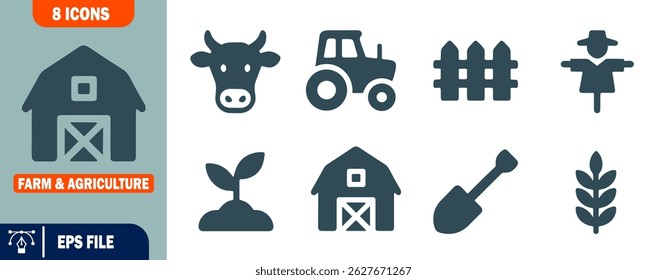 Fazenda e Agricultura Conjunto de Ícones Celeiro, Vaca, Trator, Cerca, Espantalho, Muda, Pá, Trigo