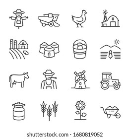Farm, agriculture icon set. Cultivating plants and livestock, farming, linear icons. Line with editable stroke