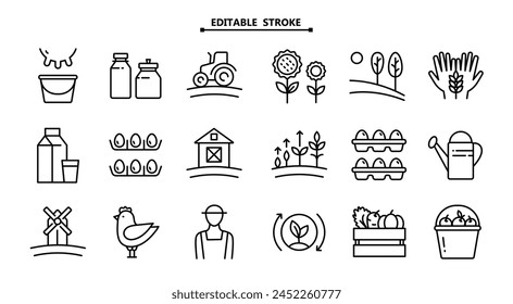 Farm, Landwirtschaft Icon Set. Pflanzen und Vieh anbauen, Landwirtschaft, lineare Icons. Editierbarer Strich, Umriss-Satz von Farmer-Vektor-Icons für Webdesign isoliert auf weißem Hintergrund