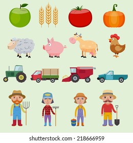 Farm agriculture icons set with food farmer animals and machines isolated vector illustration