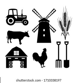 Farm and agriculture icons. Silhouette Set.