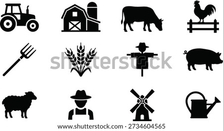 Farm and agriculture icons vector set in black silhouette style, featuring tractor, barn, silo, cow, rooster on fence, pig, pitchfork, wheat, scarecrow, sheep, farmer with hat, windmill and watering can, perfect for agriculture logos, organic food labels and rural infographics.