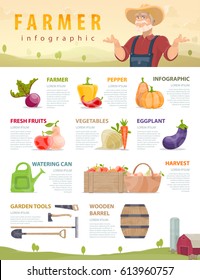 Farm and agriculture infographic concept with vegetables fruits manual labor tools wooden crate and barrel vector illustration