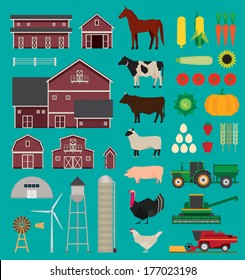 Farm and agriculture infographics set. Rural life, sheep and cow, pig, turkey and horse. Corn and vegetables.