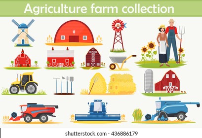Farm Agriculture infographics set with technical equipment, buildings and other tools. 