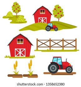Farm, agriculture and land, tractor and trees, barn. Set of laconic elements in a full style