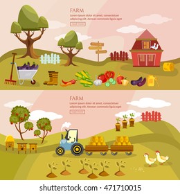 Farm agriculture landscape banner farmer products fresh farm vegetables natural food cartoon vector illustration 