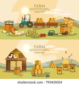 Farm agriculture landscape banner. Farmer products fresh farm vegetables natural food cartoon vector 