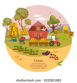 Farm agriculture landscape set. Farmer products, fresh farm vegetables natural food cartoon vector 