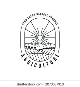 farm agriculture line art logo vector illustration template icon graphic design. landscape view with typography badge