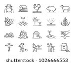 Farm and agriculture line icon set. Included the icons as farmer, cultivation, plant, crop, livestock, cattle, farm, barn and more.