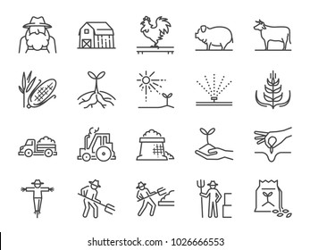 Farm And Agriculture Line Icon Set. Included The Icons As Farmer, Cultivation, Plant, Crop, Livestock, Cattle, Farm, Barn And More.